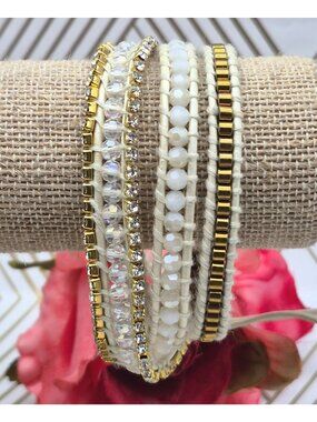 Victoria Emerson Gold & White Beaded Rhinestone Wrap Bracelet 23" Boho Casual